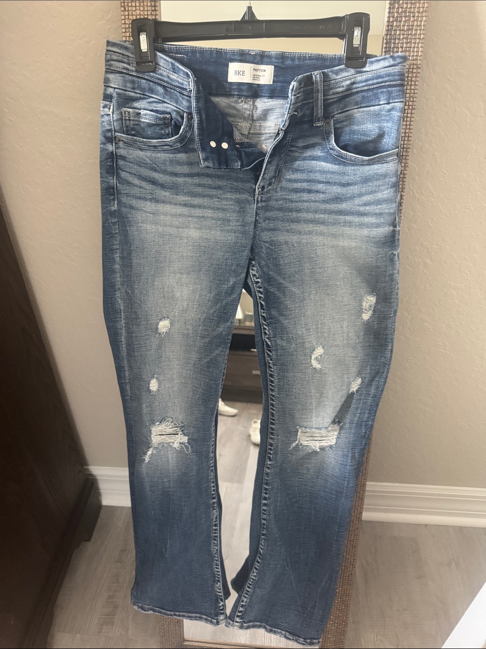 BKE Distressed Light Blue Boot Cut Jeans